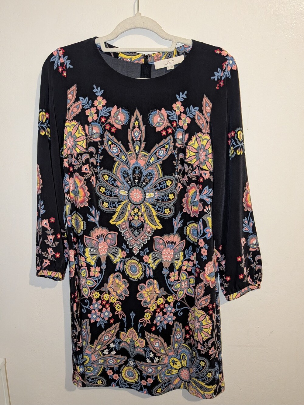 LOFT Black Paisley Floral Dress with Pink, Yellow & Blue Accents Size ST